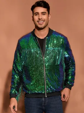 Men's Shiny Tassel Zipper 70s Disco Sparkly Sequins Baseball Bomber Jackets