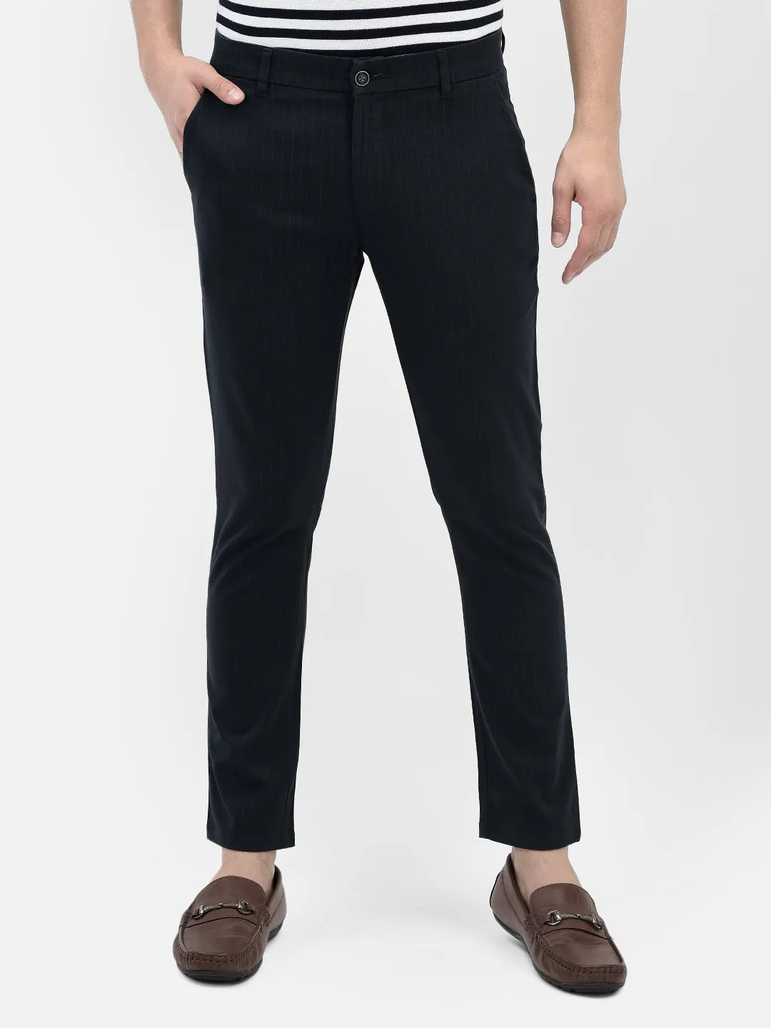 Navy Blue Striped Chinos Trousers