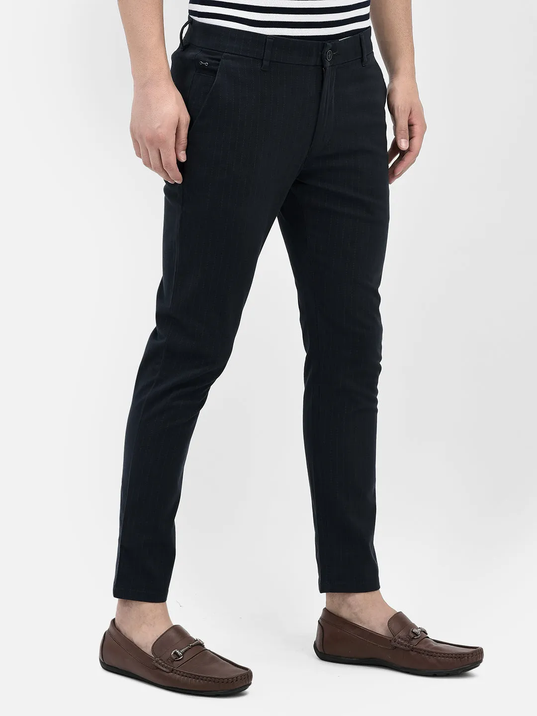 Navy Blue Striped Chinos Trousers