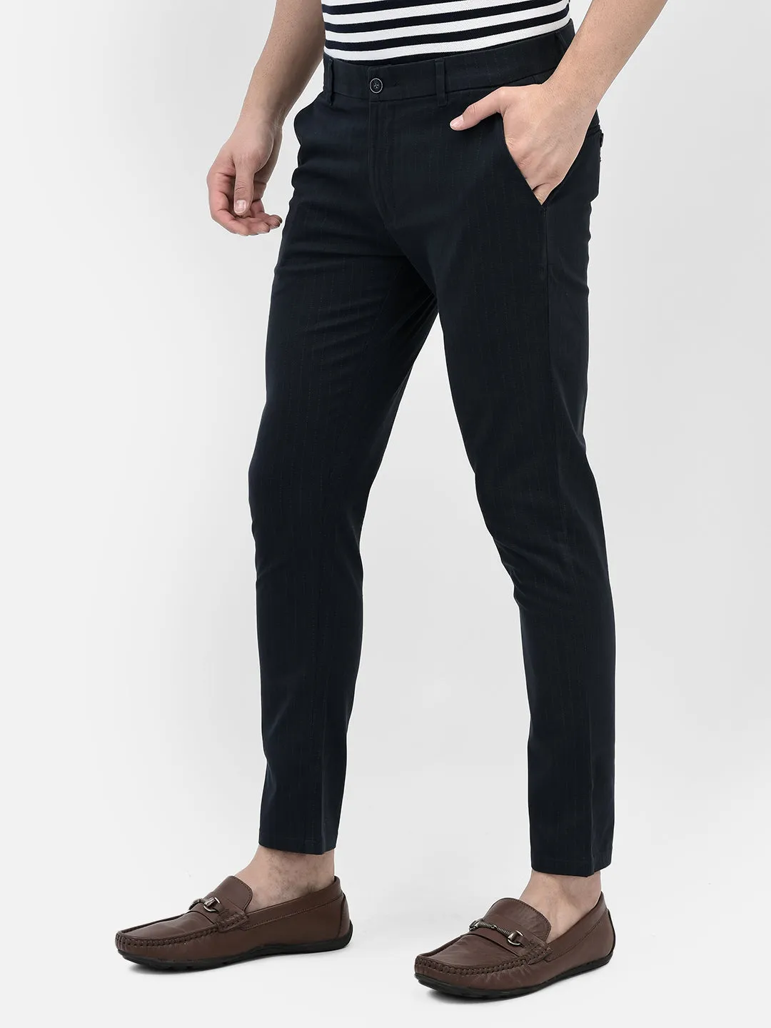 Navy Blue Striped Chinos Trousers