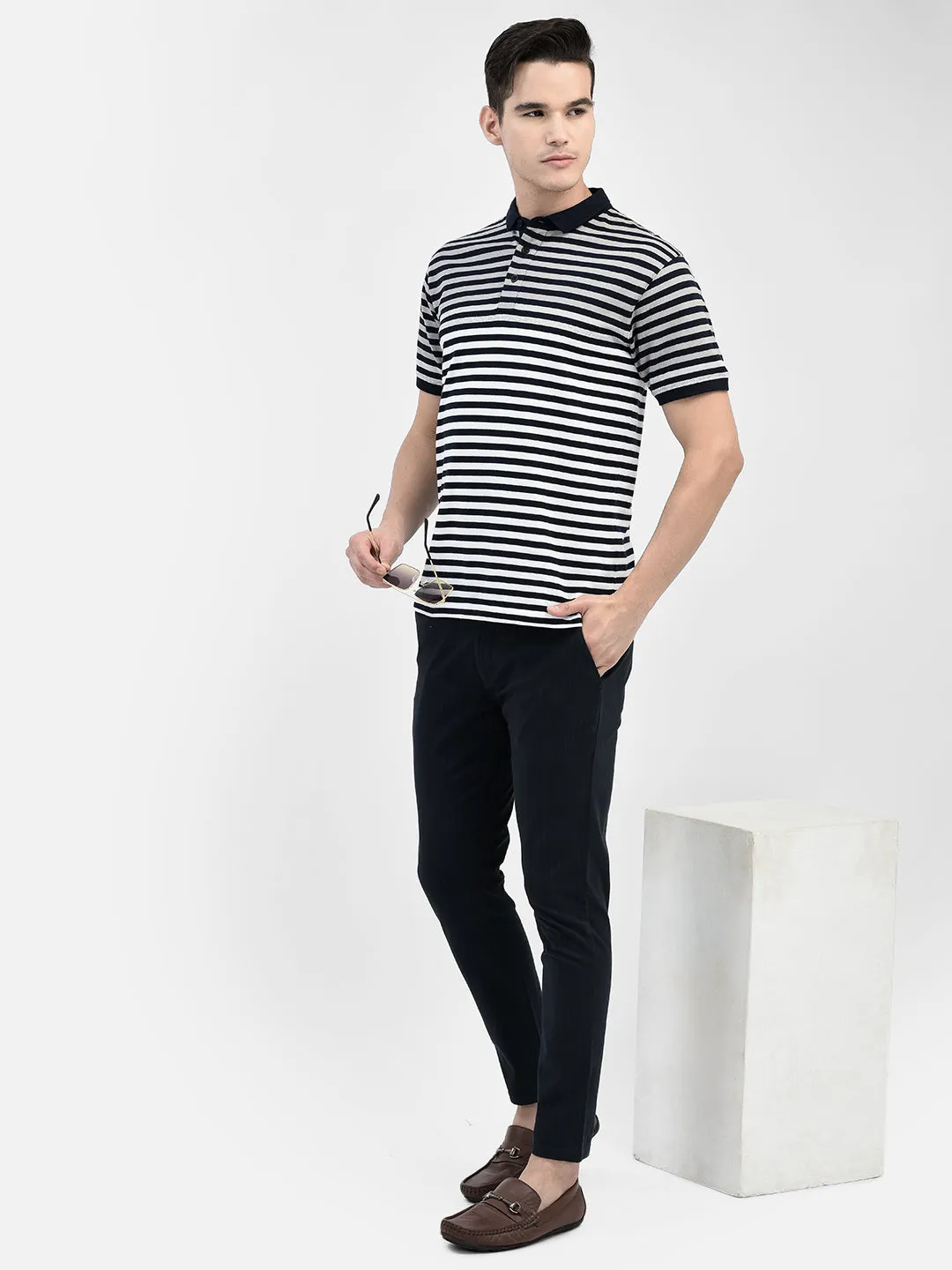 Navy Blue Striped Chinos Trousers