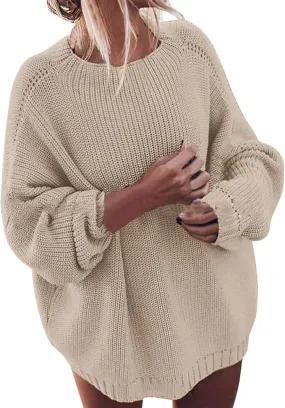 NEW Bolayu Women Loose Plus Size Round Neck Pullover Solid Color Knit Sweater Pullover Khaki, One Size