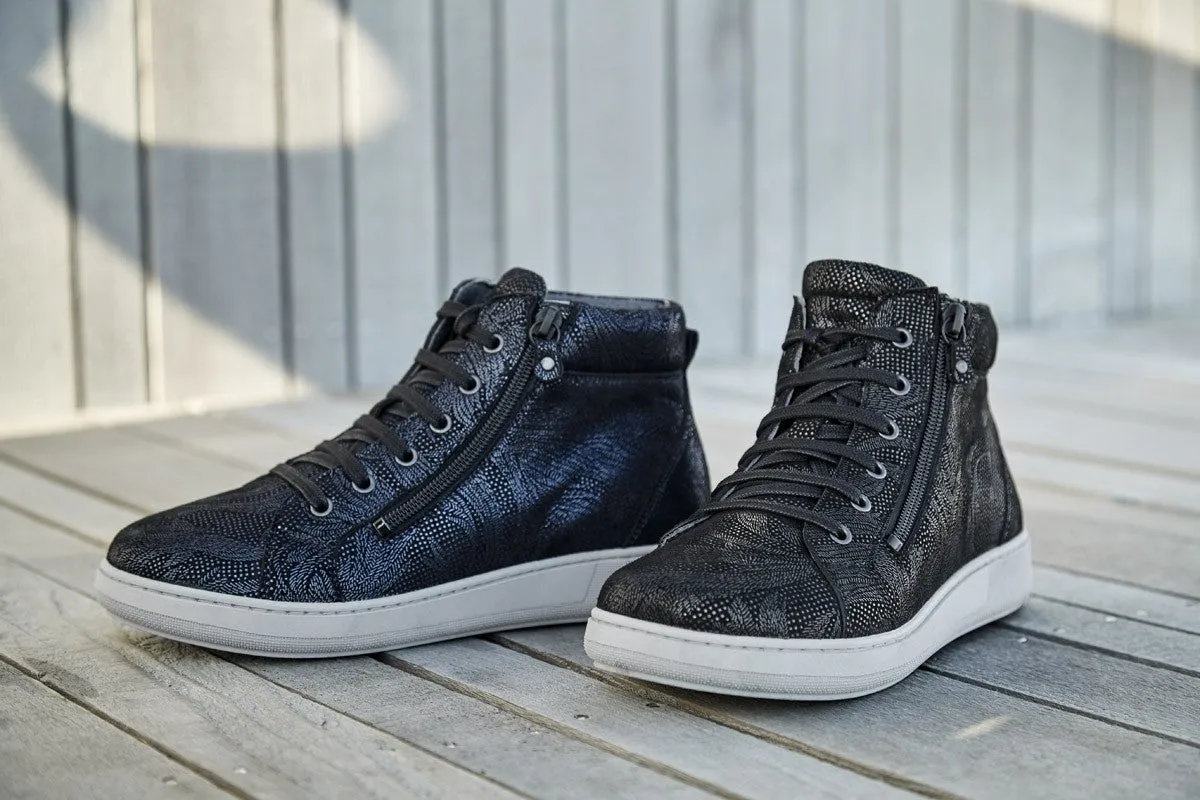 NEW FEET Medical footwear Boots for WOMEN with Fashionable printed design on black or blue leather