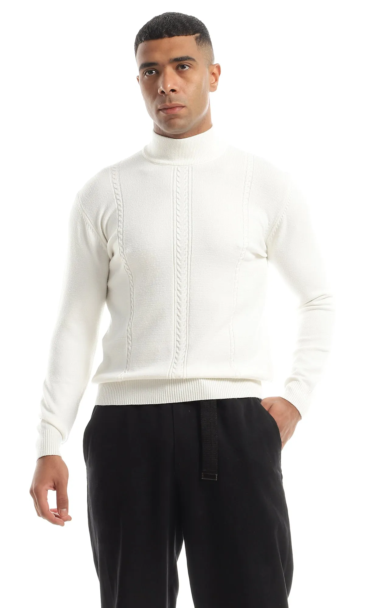 O158740 High Neck Soft Off-White Pullover With Braids Pattern