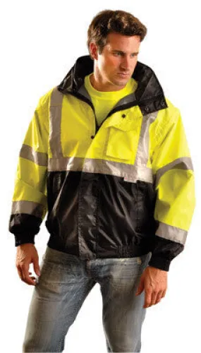 OccuNomix 2X Yellow And Black PVC Coated Polyester Class 3 Weather Resistant Black Bottom Bomber Jacket With Front Hook And Loop Closure, 1" Glossy Tape Striping, Side Elastic Straps And 1 Pocket