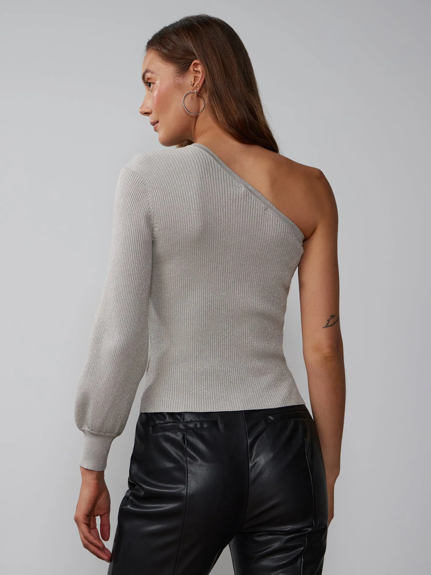 One-Shoulder Lurex Ribbed Sweater