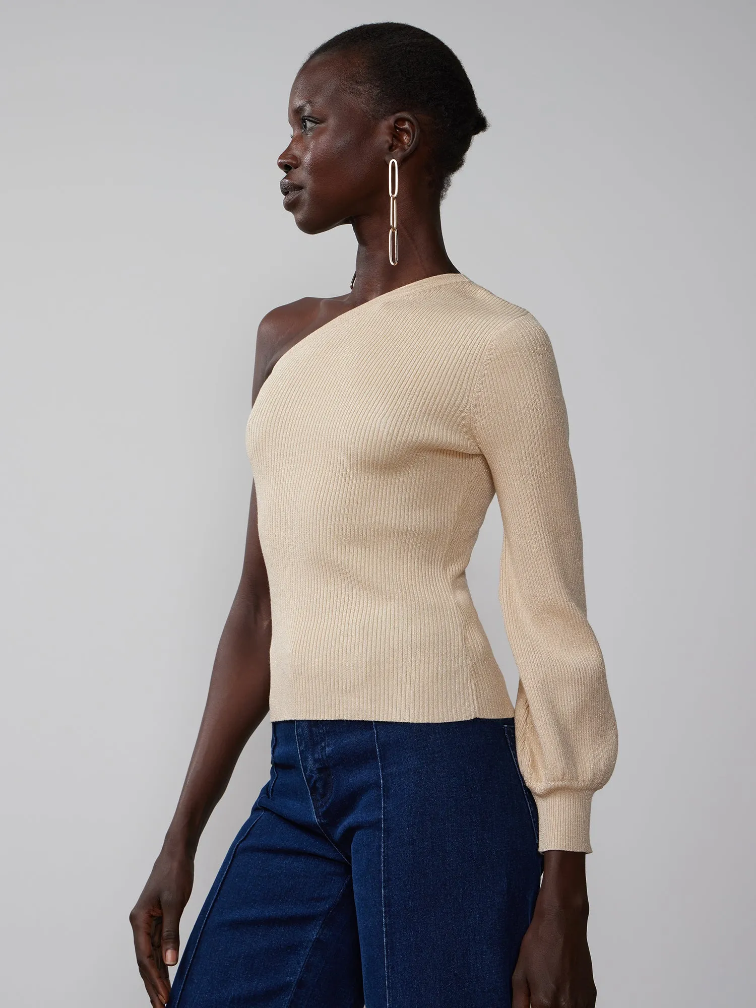 One-Shoulder Lurex Ribbed Sweater