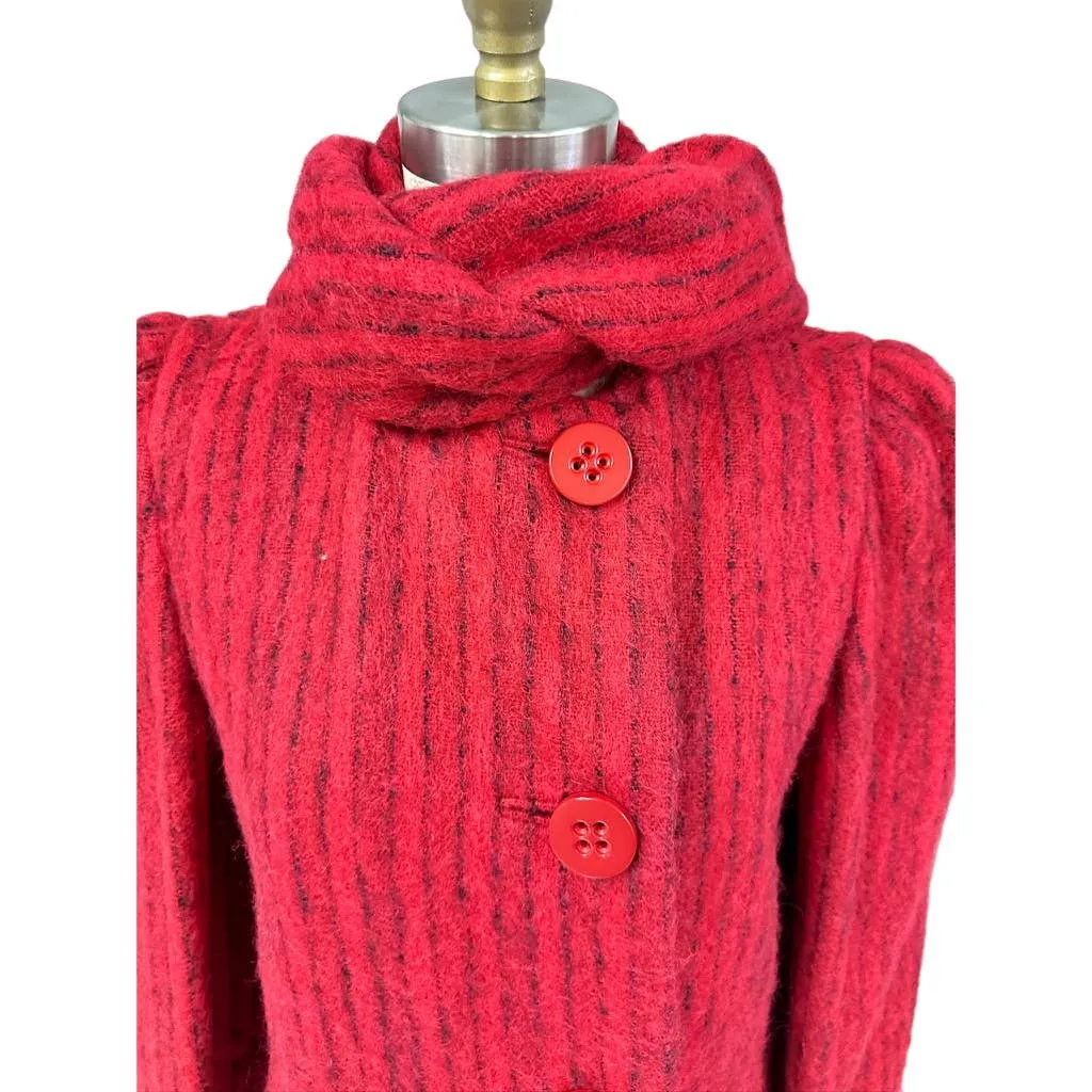 Pauline Trigere Coat Vintage Wool Sz 6/S  Red Black Stripe Fuzzy 1970s-80s