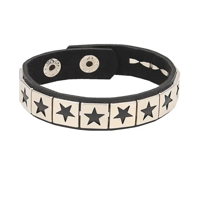 Punk Leather Bracelet for 90s Men Women Rivet Cuff Bangle Bracelet Adjustable Black Leather Wristband Metal Studded Jewelry Gift