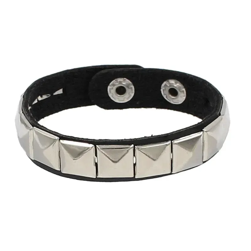Punk Leather Bracelet for 90s Men Women Rivet Cuff Bangle Bracelet Adjustable Black Leather Wristband Metal Studded Jewelry Gift