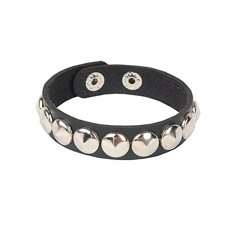 Punk Leather Bracelet for 90s Men Women Rivet Cuff Bangle Bracelet Adjustable Black Leather Wristband Metal Studded Jewelry Gift