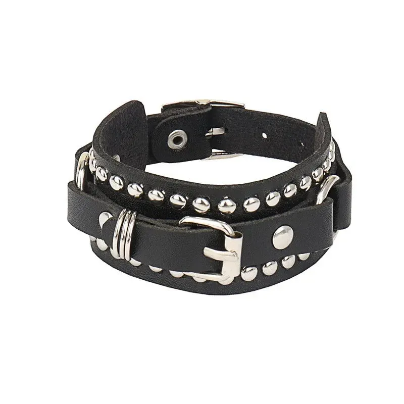 Punk Leather Bracelet for 90s Men Women Rivet Cuff Bangle Bracelet Adjustable Black Leather Wristband Metal Studded Jewelry Gift