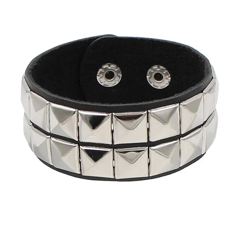 Punk Leather Bracelet for 90s Men Women Rivet Cuff Bangle Bracelet Adjustable Black Leather Wristband Metal Studded Jewelry Gift