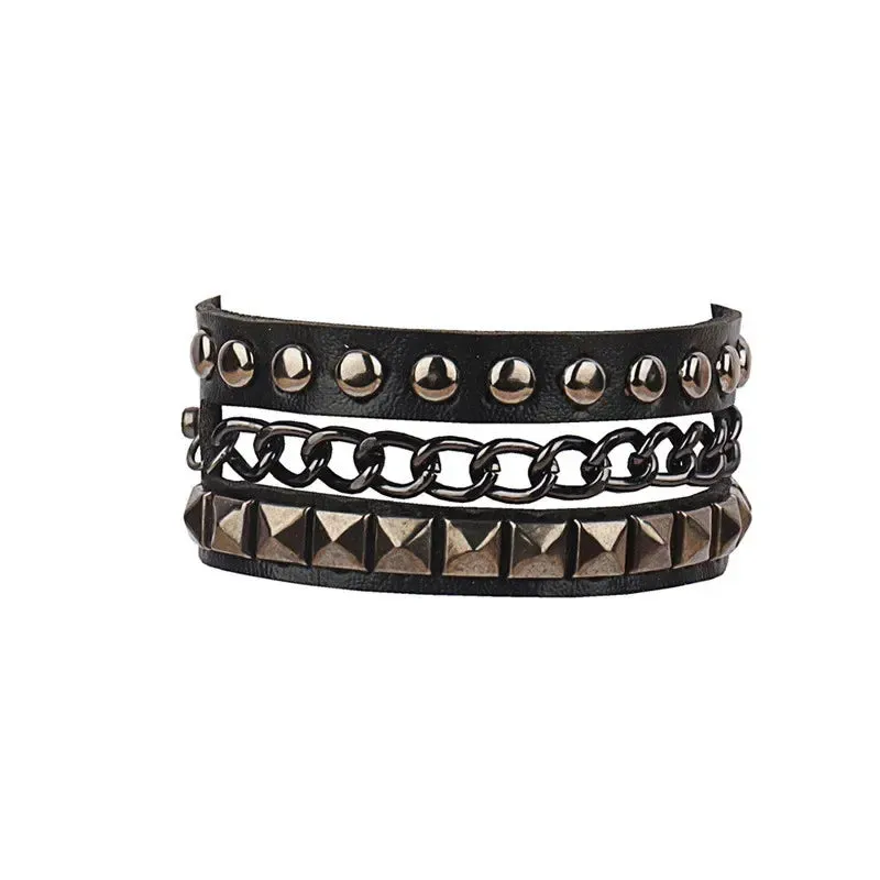 Punk Leather Bracelet for 90s Men Women Rivet Cuff Bangle Bracelet Adjustable Black Leather Wristband Metal Studded Jewelry Gift