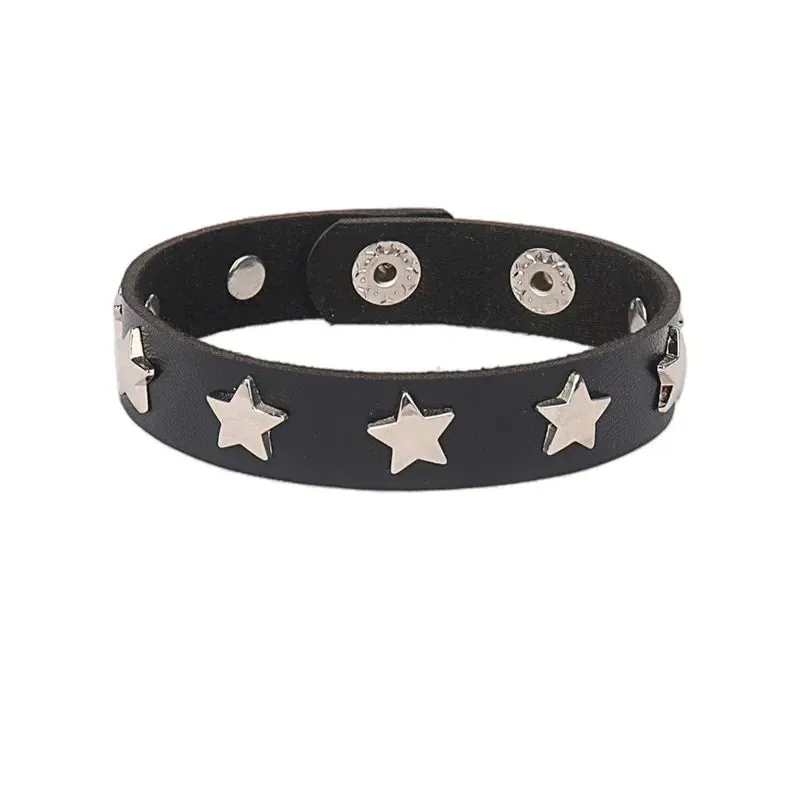 Punk Leather Bracelet for 90s Men Women Rivet Cuff Bangle Bracelet Adjustable Black Leather Wristband Metal Studded Jewelry Gift
