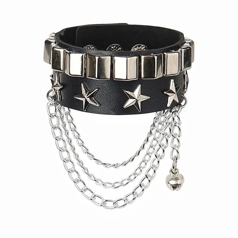 Punk Leather Bracelet for 90s Men Women Rivet Cuff Bangle Bracelet Adjustable Black Leather Wristband Metal Studded Jewelry Gift