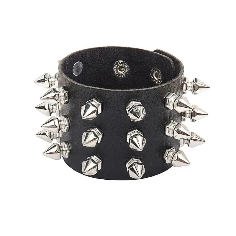 Punk Leather Bracelet for 90s Men Women Rivet Cuff Bangle Bracelet Adjustable Black Leather Wristband Metal Studded Jewelry Gift