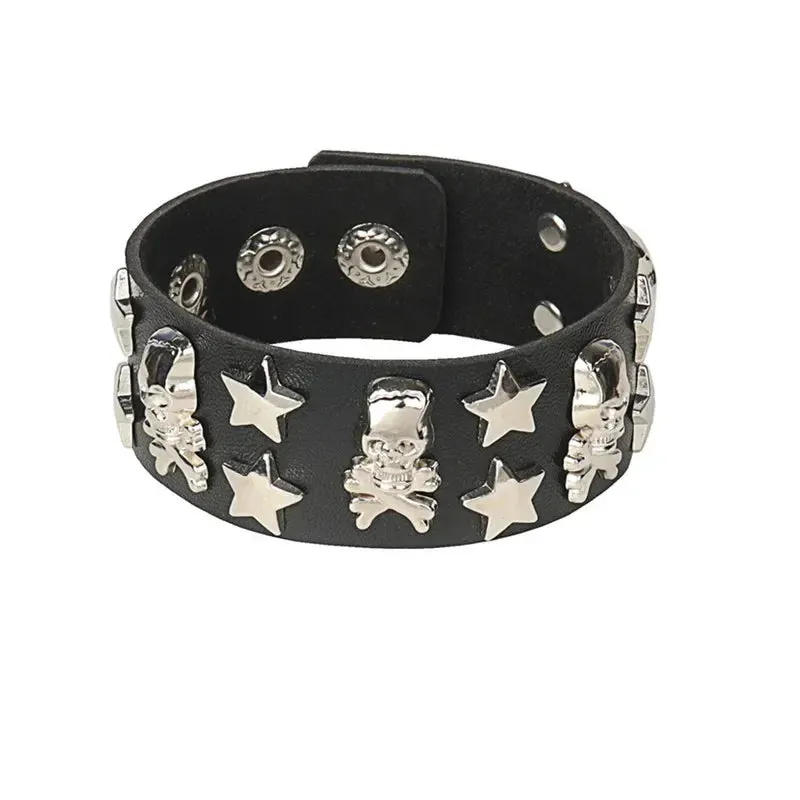 Punk Leather Bracelet for 90s Men Women Rivet Cuff Bangle Bracelet Adjustable Black Leather Wristband Metal Studded Jewelry Gift