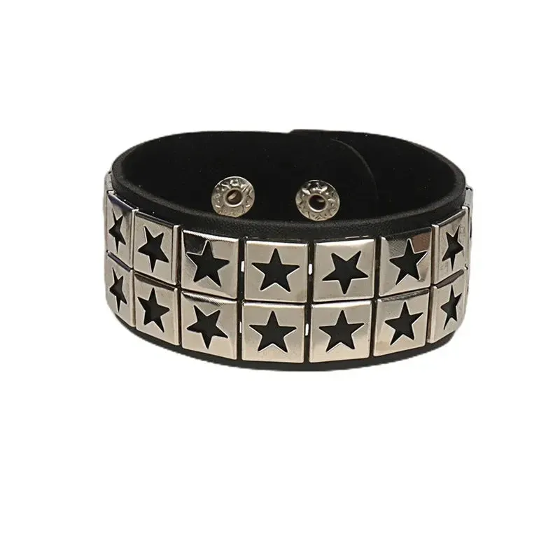 Punk Leather Bracelet for 90s Men Women Rivet Cuff Bangle Bracelet Adjustable Black Leather Wristband Metal Studded Jewelry Gift