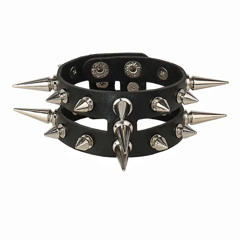 Punk Leather Bracelet for 90s Men Women Rivet Cuff Bangle Bracelet Adjustable Black Leather Wristband Metal Studded Jewelry Gift