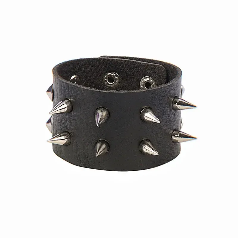 Punk Leather Bracelet for 90s Men Women Rivet Cuff Bangle Bracelet Adjustable Black Leather Wristband Metal Studded Jewelry Gift