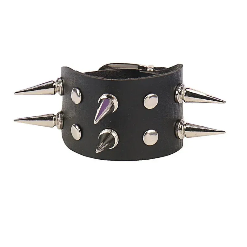 Punk Leather Bracelet for 90s Men Women Rivet Cuff Bangle Bracelet Adjustable Black Leather Wristband Metal Studded Jewelry Gift