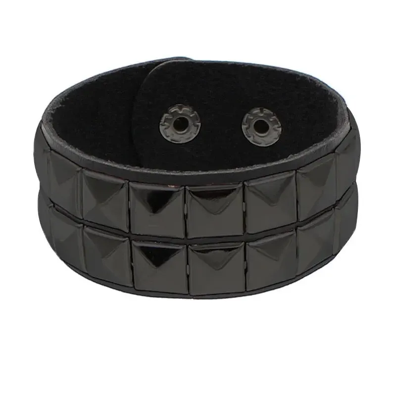 Punk Leather Bracelet for 90s Men Women Rivet Cuff Bangle Bracelet Adjustable Black Leather Wristband Metal Studded Jewelry Gift