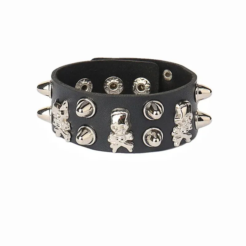 Punk Leather Bracelet for 90s Men Women Rivet Cuff Bangle Bracelet Adjustable Black Leather Wristband Metal Studded Jewelry Gift