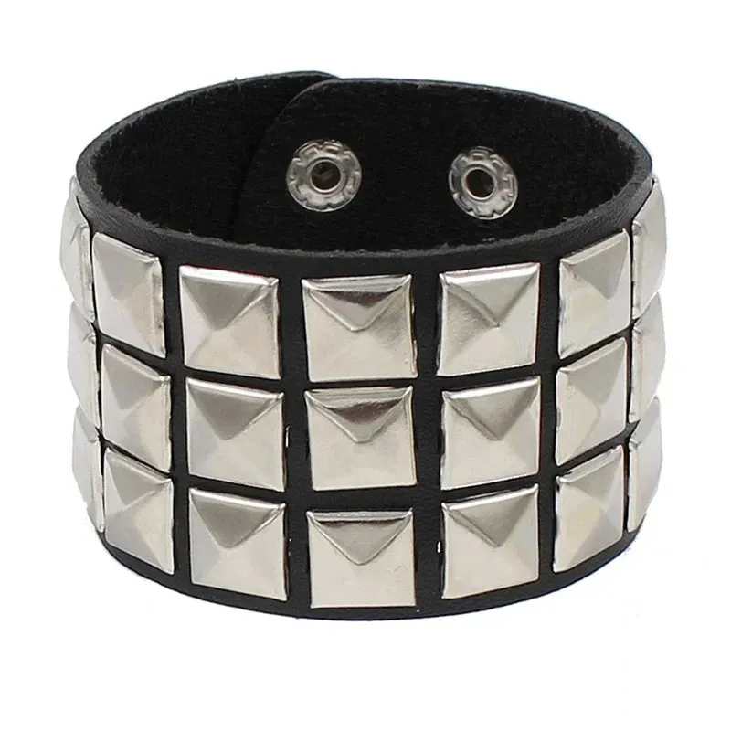 Punk Leather Bracelet for 90s Men Women Rivet Cuff Bangle Bracelet Adjustable Black Leather Wristband Metal Studded Jewelry Gift