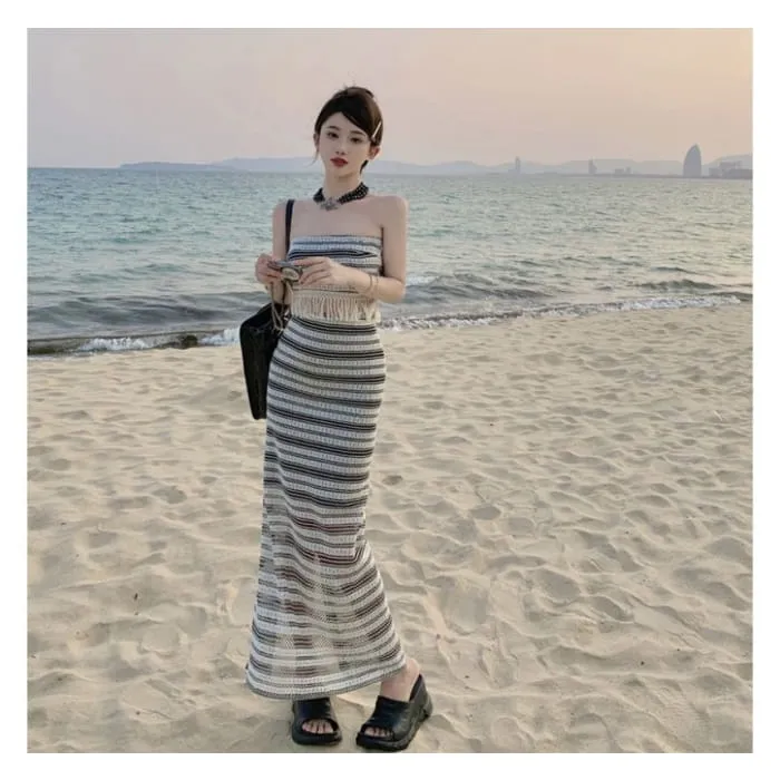 Set: Striped Tube Top   Mid Waist Maxi Pencil Skirt