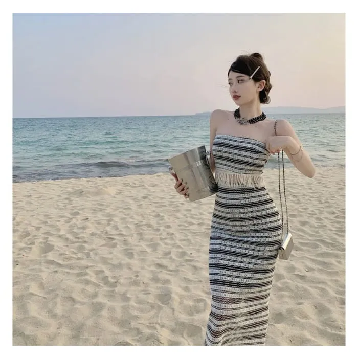 Set: Striped Tube Top   Mid Waist Maxi Pencil Skirt