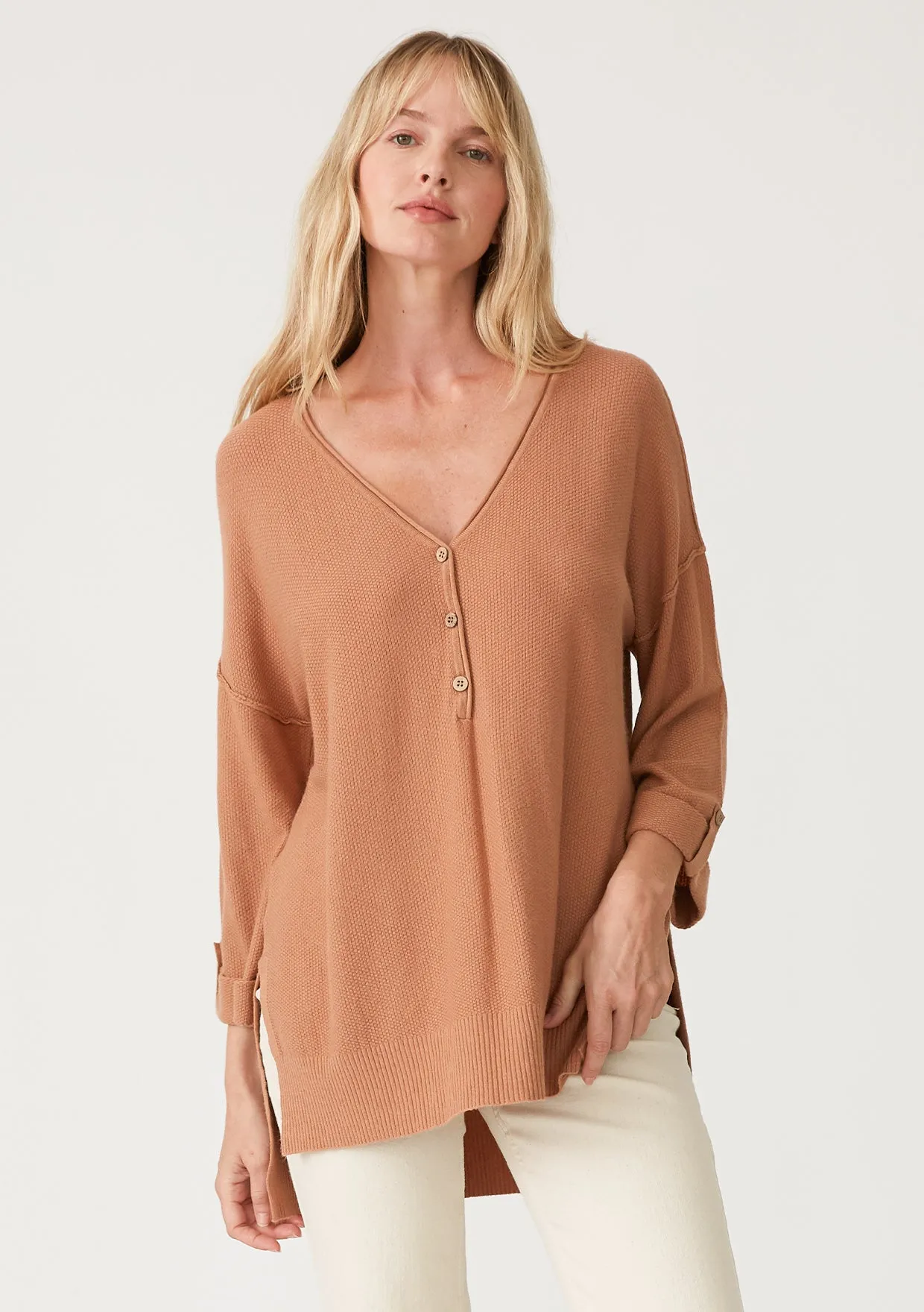 Solid 3/4 Sleeve Button Front Pullover