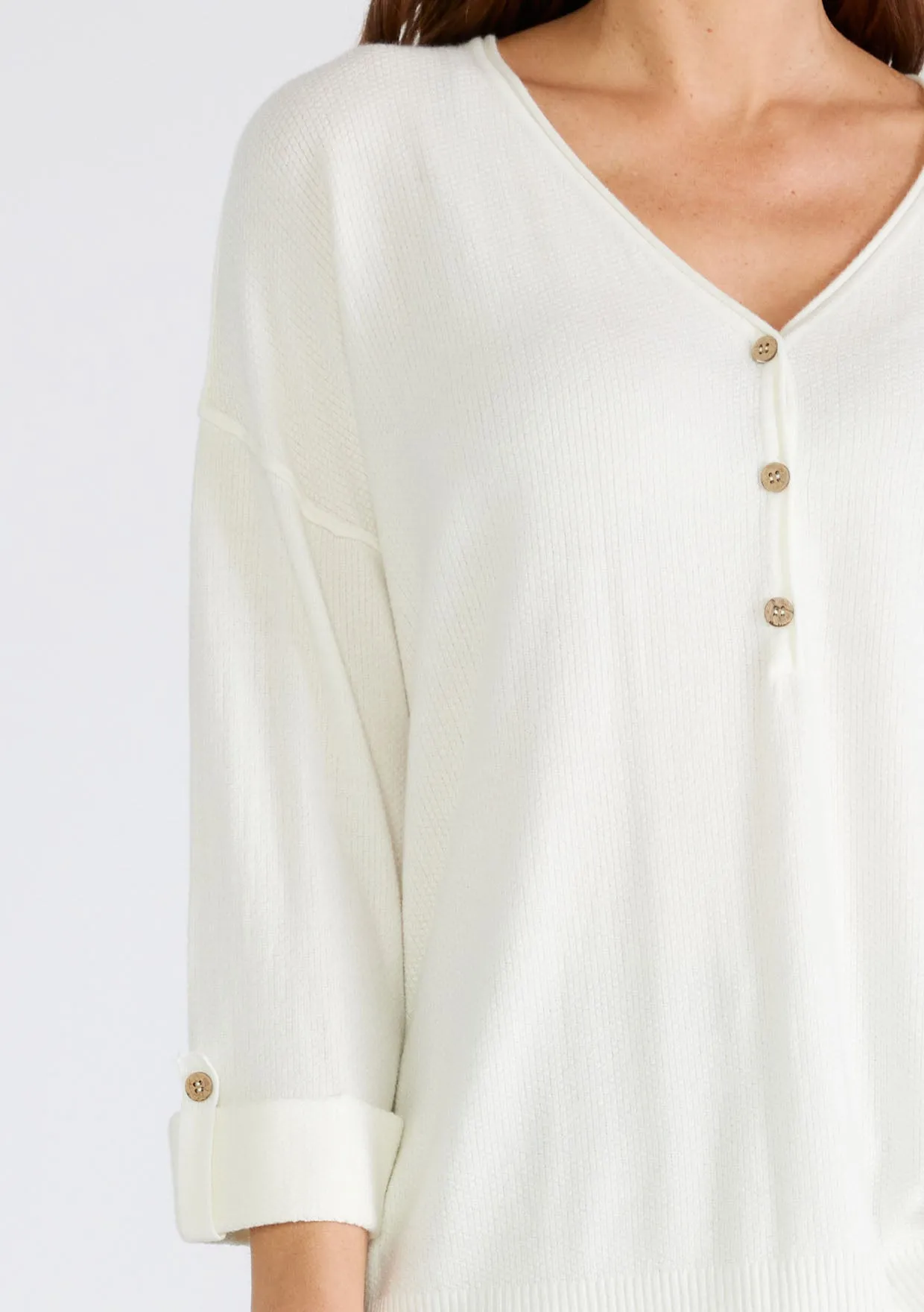 Solid 3/4 Sleeve Button Front Pullover