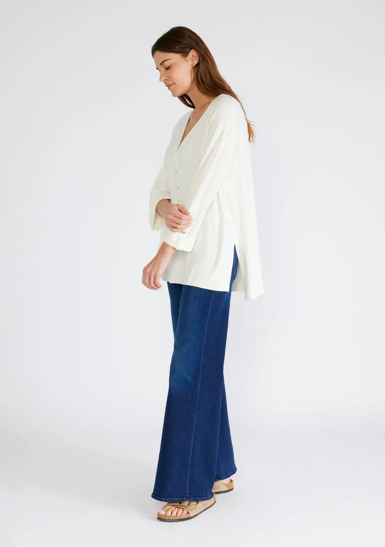 Solid 3/4 Sleeve Button Front Pullover