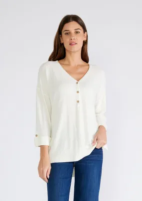 Solid 3/4 Sleeve Button Front Pullover