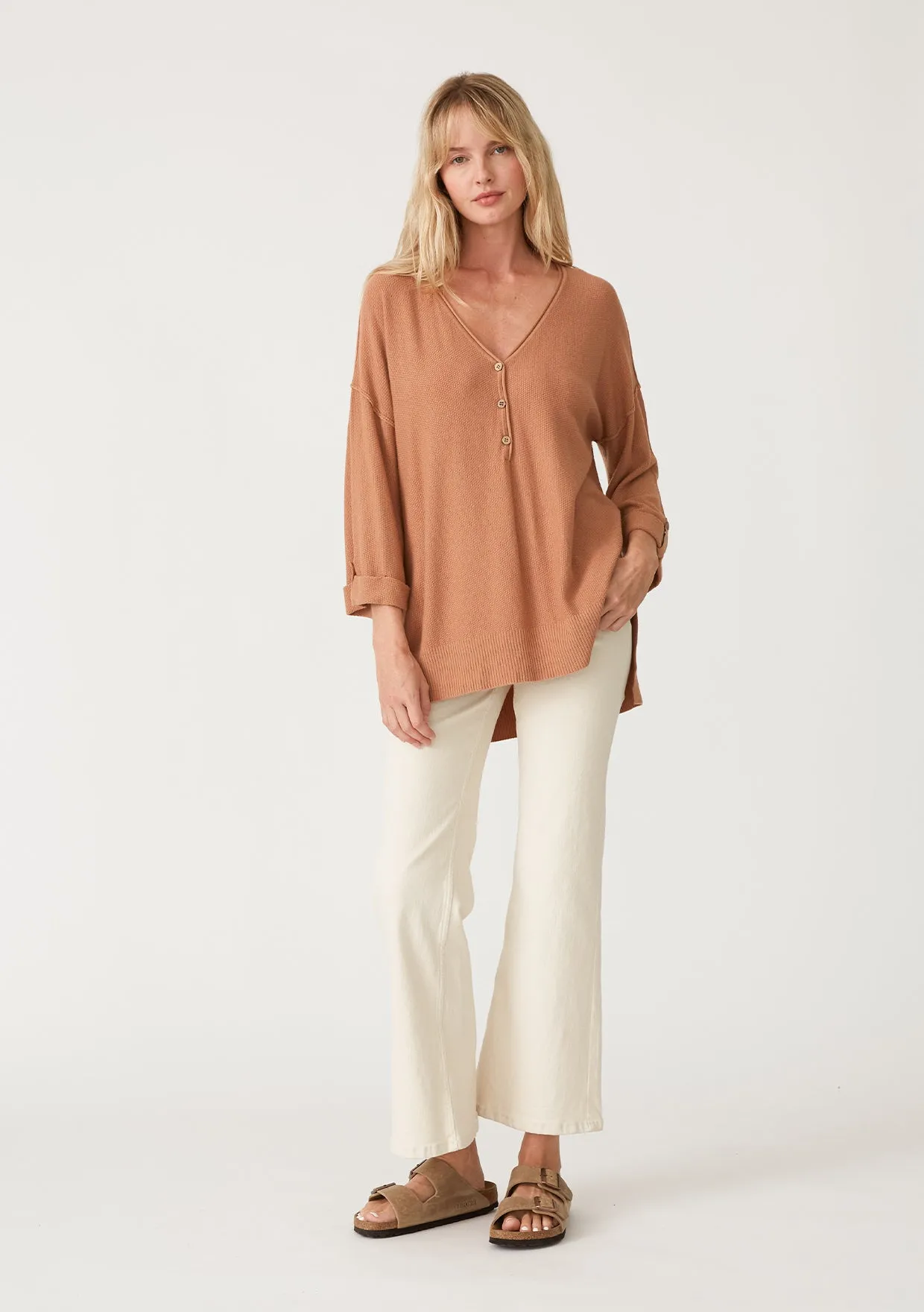 Solid 3/4 Sleeve Button Front Pullover