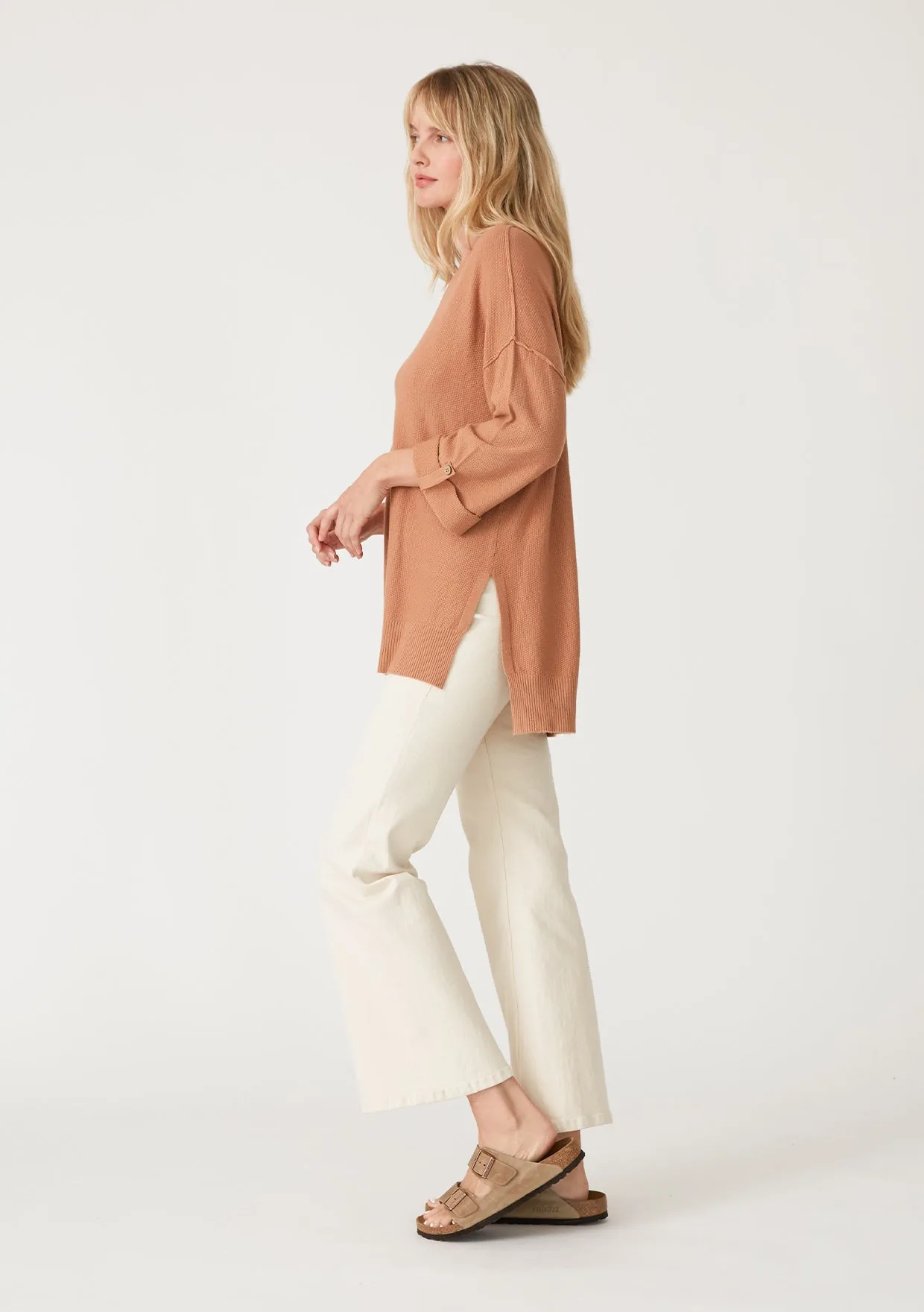 Solid 3/4 Sleeve Button Front Pullover