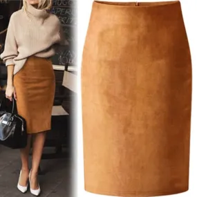 Suede Midi Pencil Elastic High Waist Skirt