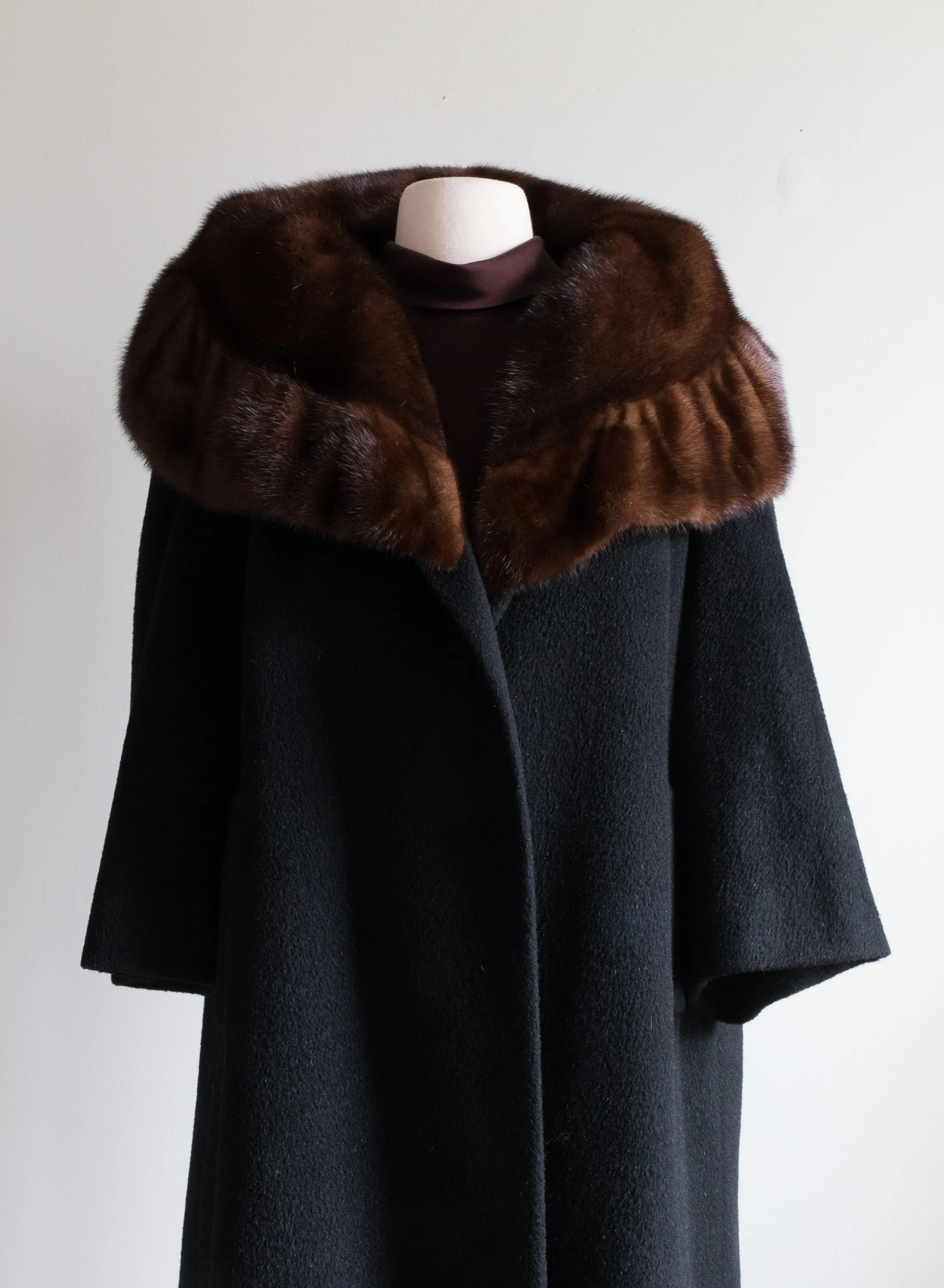 Sumptuous 1950's Black Cocoon Coat With HUGE Mink Collar / SM