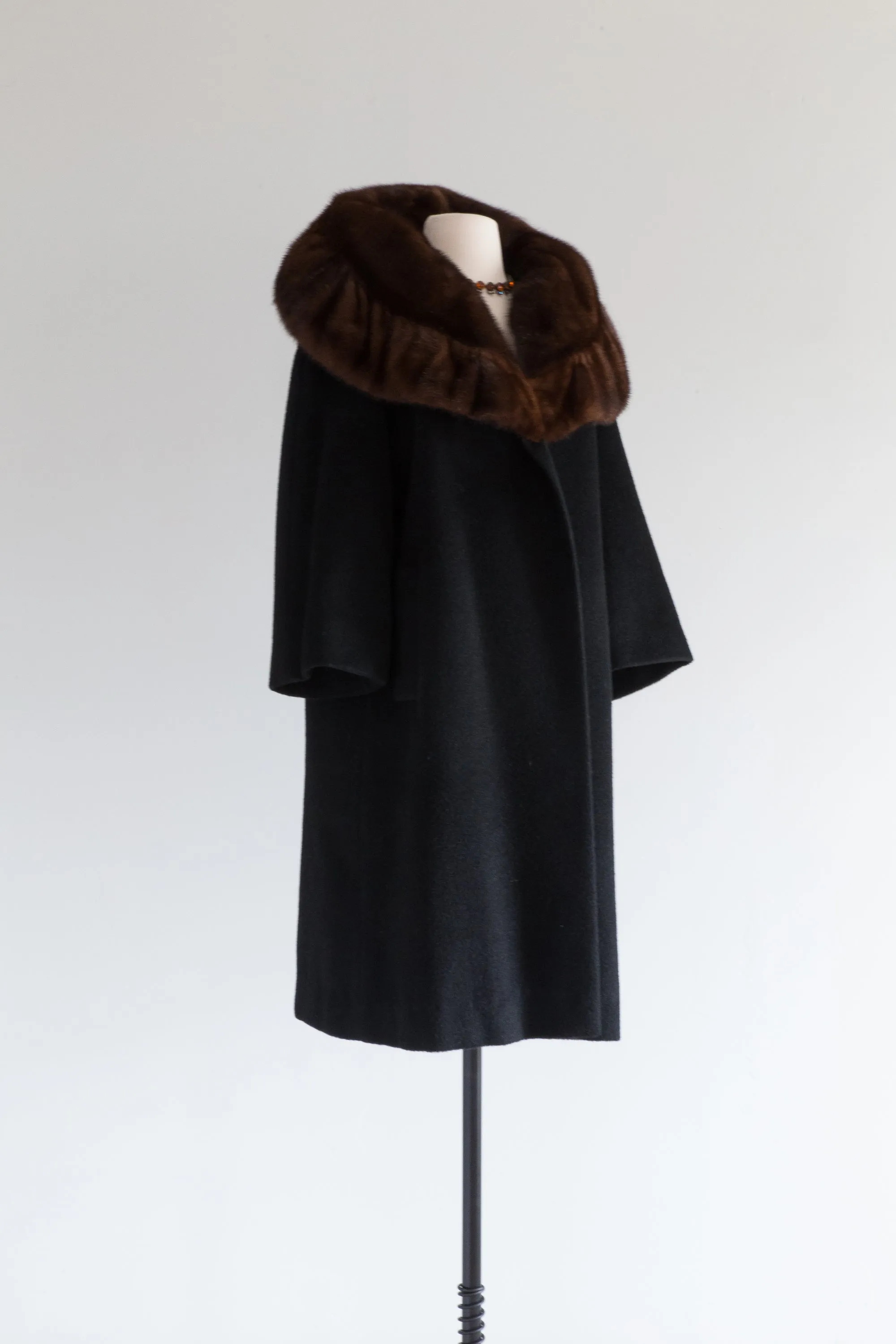 Sumptuous 1950's Black Cocoon Coat With HUGE Mink Collar / SM