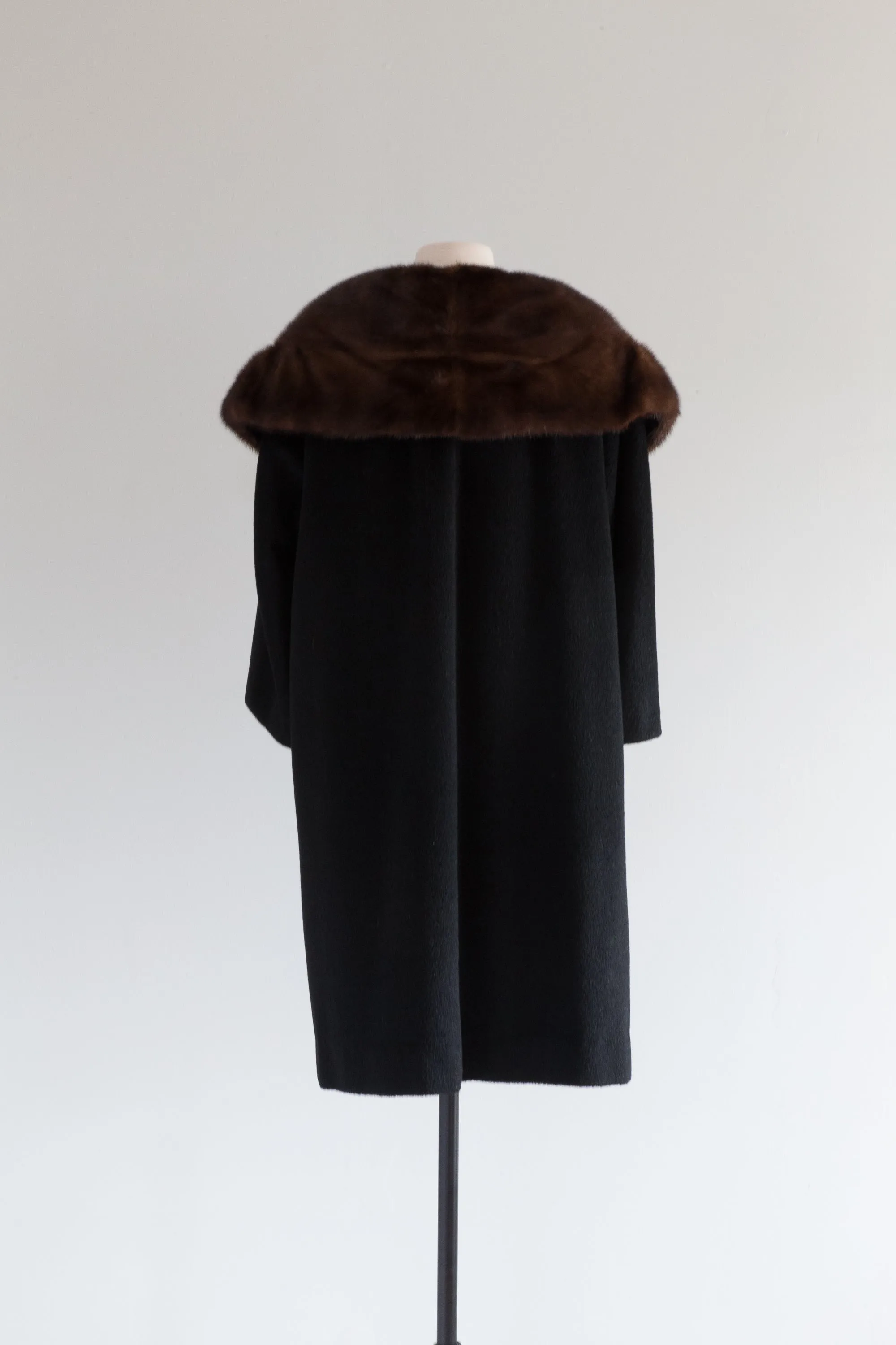 Sumptuous 1950's Black Cocoon Coat With HUGE Mink Collar / SM