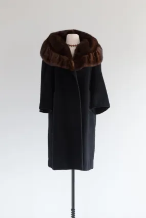 Sumptuous 1950's Black Cocoon Coat With HUGE Mink Collar / SM