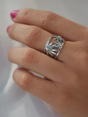 Sunflower Statement Ring, .925 Sterling Silver Waterproof Chunky Flower Outline Statement Garden Ring