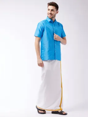 VASTRAMAY Men's Aqua Blue And White Silk Blend Shirt And Mundu