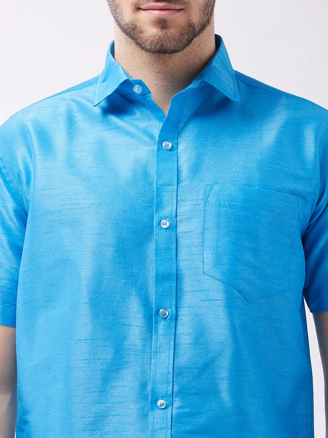 VASTRAMAY Men's Aqua Blue And White Silk Blend Shirt And Mundu