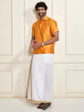 VASTRAMAY Men's Rose Gold Silk Blend Shirt And Mundu