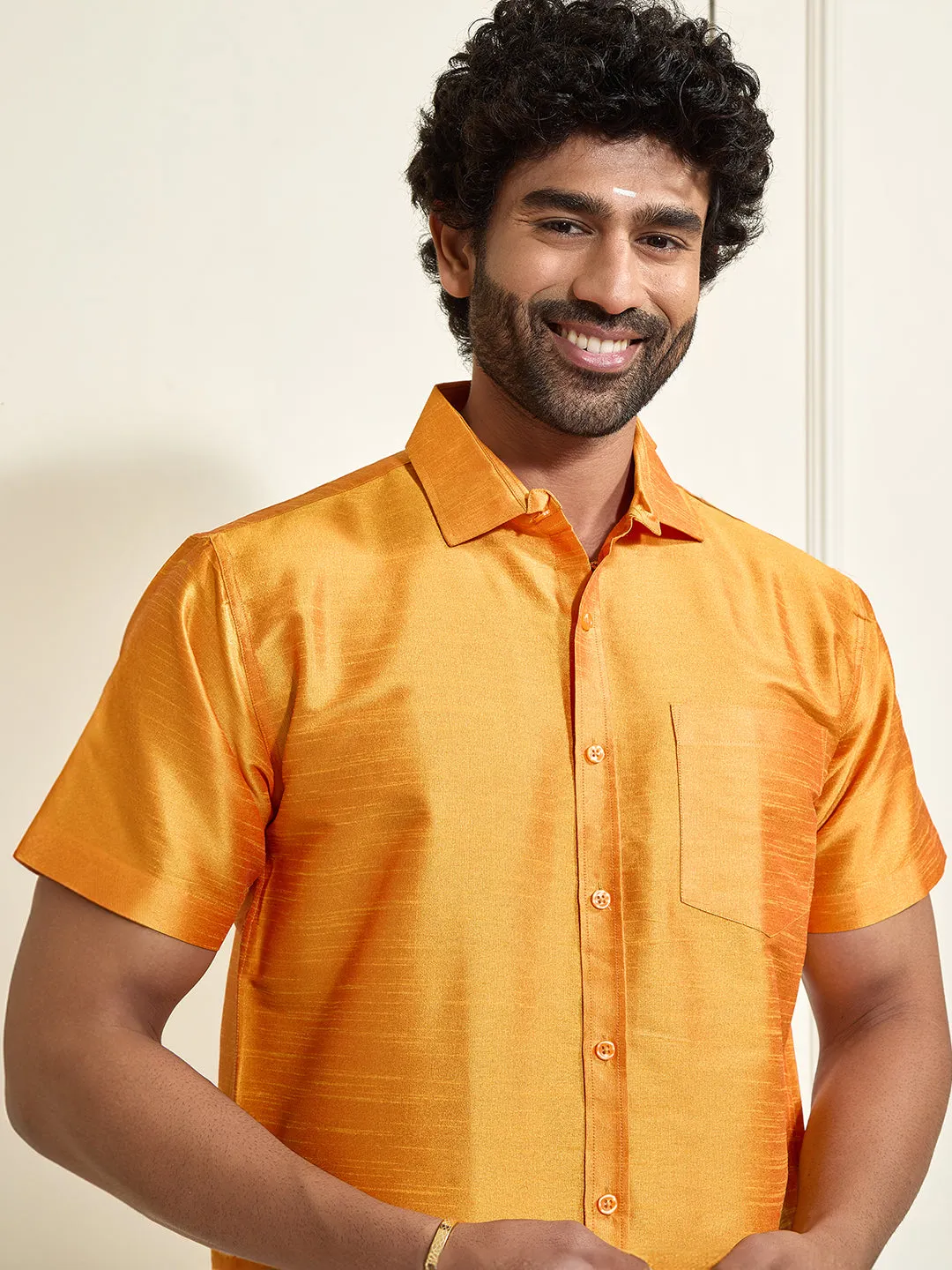 VASTRAMAY Men's Rose Gold Silk Blend Shirt And Mundu