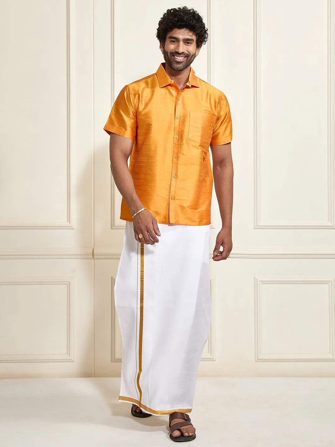 VASTRAMAY Men's Rose Gold Silk Blend Shirt And Mundu