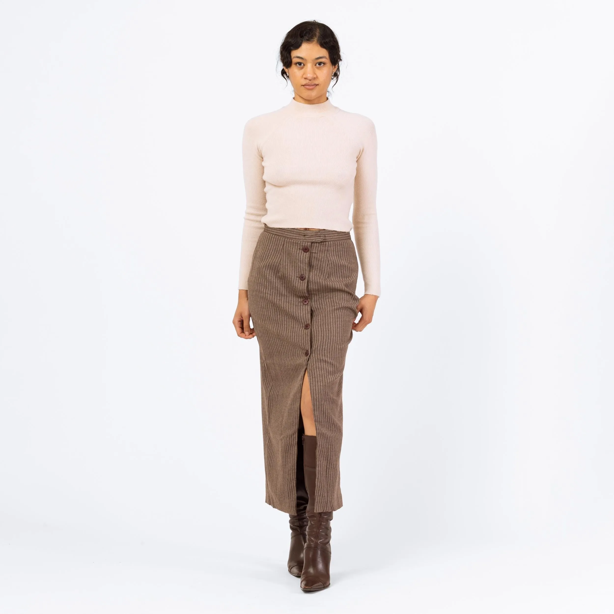 Vintage 70s Brown Pinstriped Maxi Pencil Skirt - Small, 26" Waist