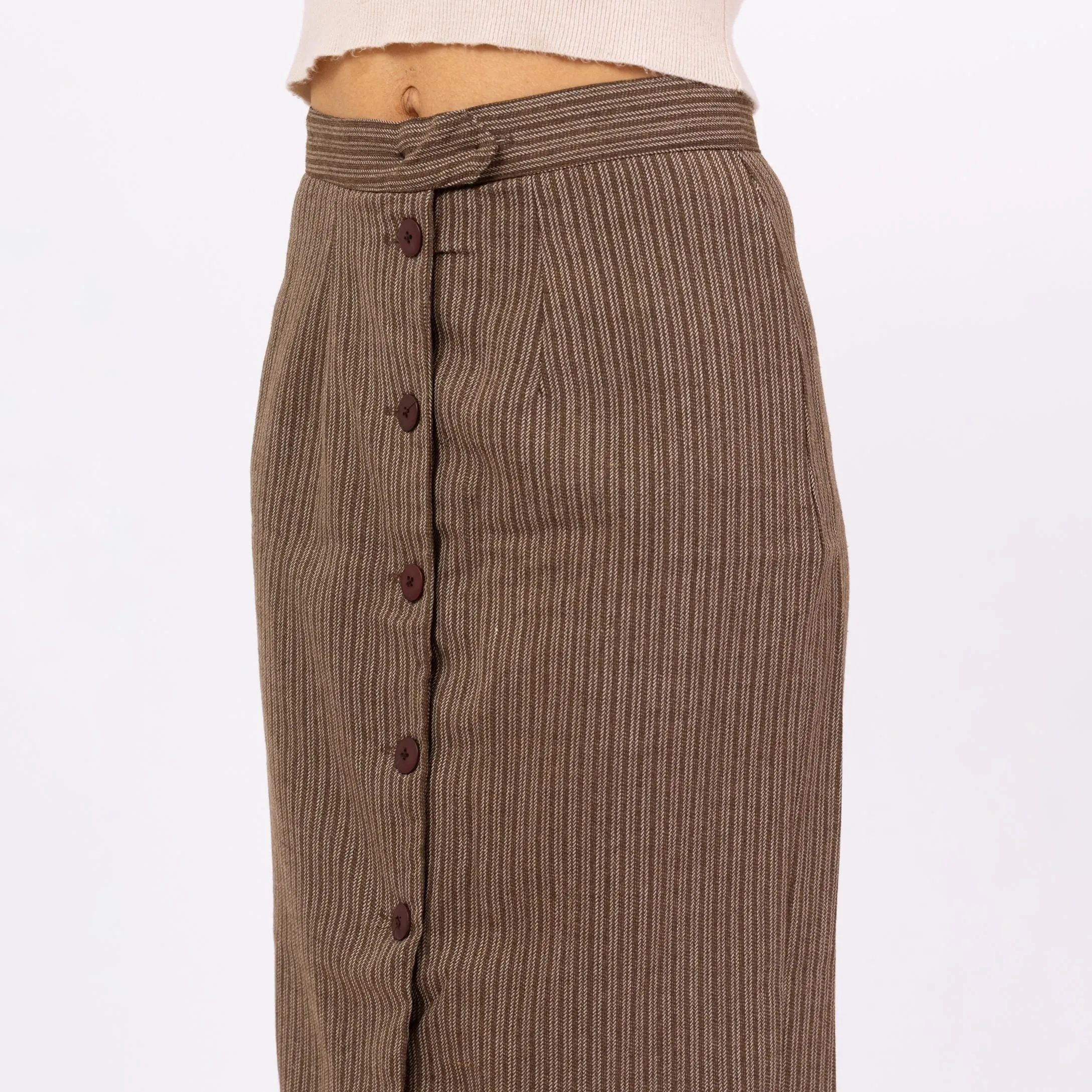 Vintage 70s Brown Pinstriped Maxi Pencil Skirt - Small, 26" Waist